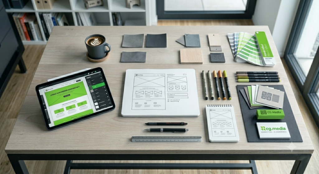 Arbeitsplatz mit Website-Entwurf, Farbmustern und Printmaterialien von CG Media